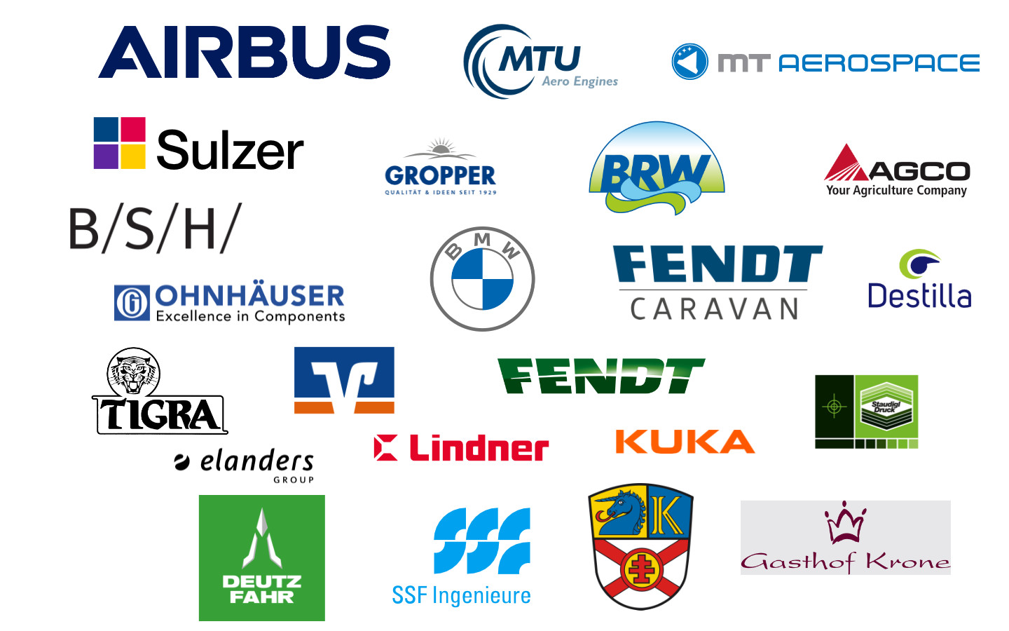 Logos von Partnern von fabplus. Airbus Gropper, Sulzer, BRW, Fendt, BMW und viele mehr